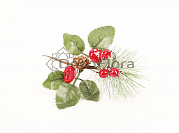Ветка рождественская с ягодами и шишками 14см